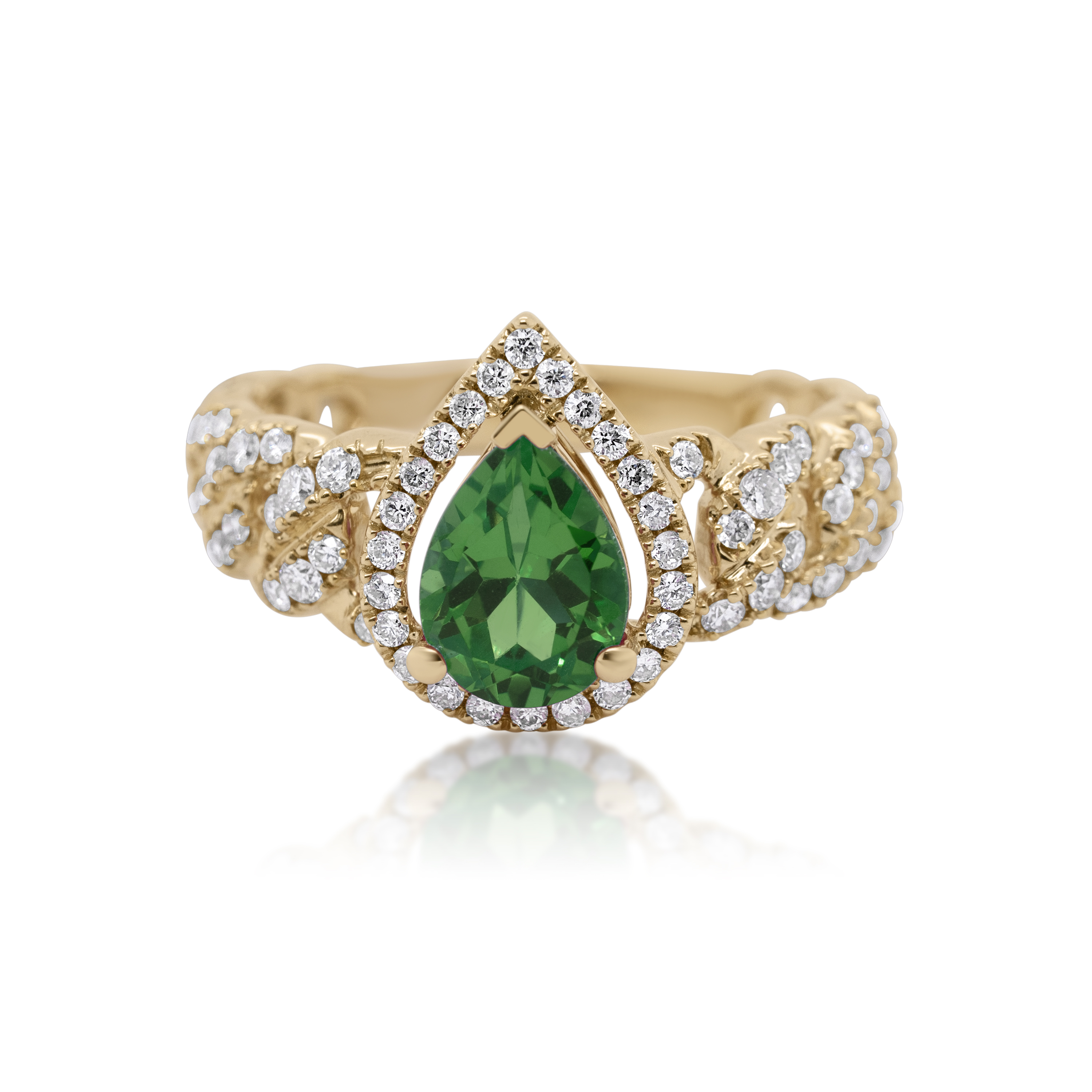 Diamond Ring 0.55 ct. 14K Yellow Gold Green Pear Shaped Center Stone